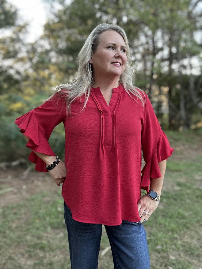 Red Ruffled Bell Sleeve Blouse with Pleated Detail