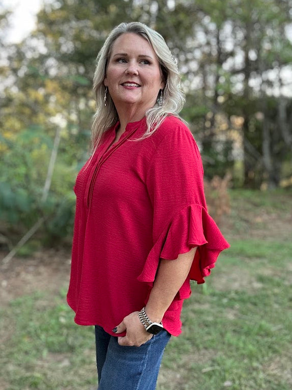 Red Ruffled Bell Sleeve Blouse with Pleated Detail
