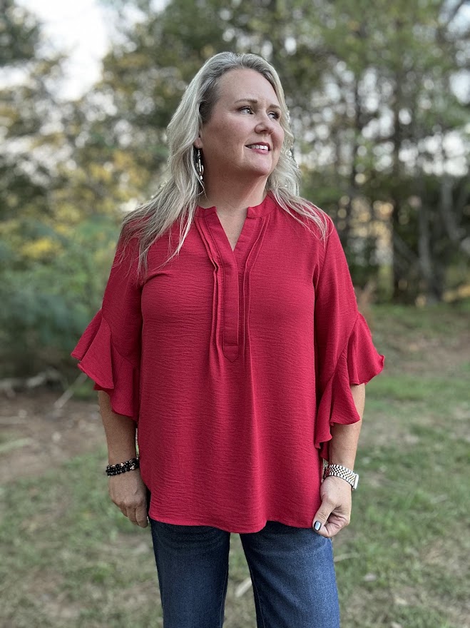 Red Ruffled Bell Sleeve Blouse with Pleated Detail