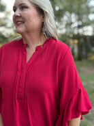 Red Ruffled Bell Sleeve Blouse with Pleated Detail