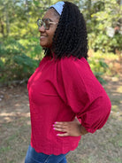 Red Scallop Hem Balloon Sleeve Blouse
