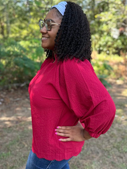 Red Scallop Hem Balloon Sleeve Blouse
