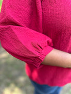 Red Scallop Hem Balloon Sleeve Blouse