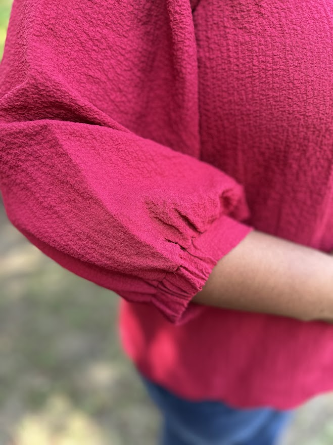 Red Scallop Hem Balloon Sleeve Blouse