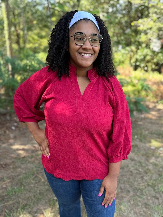 Red Scallop Hem Balloon Sleeve Blouse