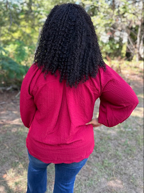 Red Scallop Hem Balloon Sleeve Blouse