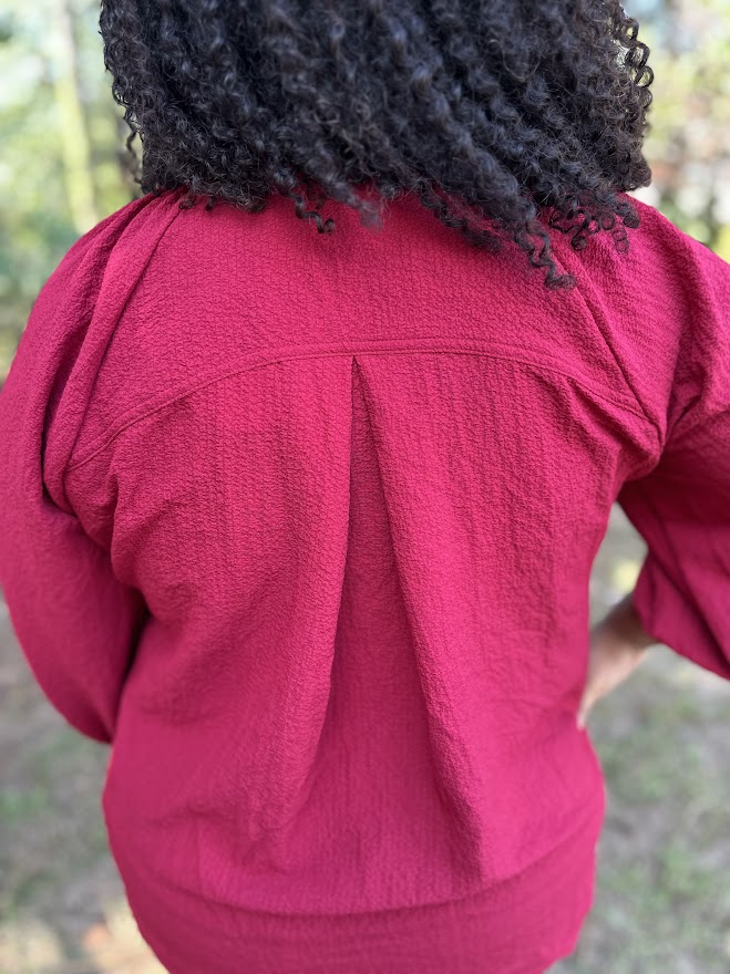 Red Scallop Hem Balloon Sleeve Blouse