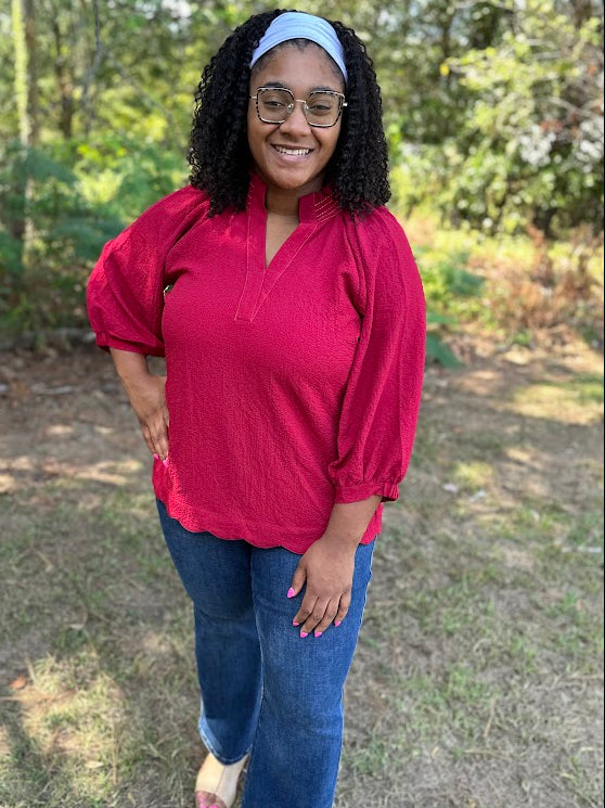 Red Scallop Hem Balloon Sleeve Blouse