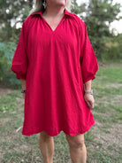 Red Scalloped Hem Shift Dress with Puff Sleeves