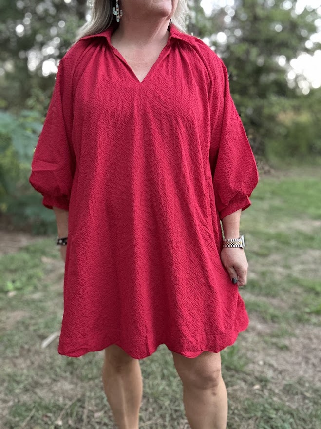 Red Scalloped Hem Shift Dress with Puff Sleeves