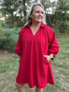 Red Scalloped Hem Shift Dress with Puff Sleeves