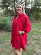 Red Scalloped Hem Shift Dress with Puff Sleeves