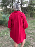 Red Scalloped Hem Shift Dress with Puff Sleeves