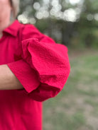 Red Scalloped Hem Shift Dress with Puff Sleeves