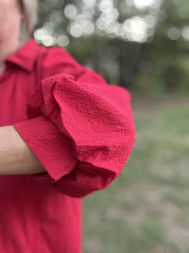 Red Scalloped Hem Shift Dress with Puff Sleeves