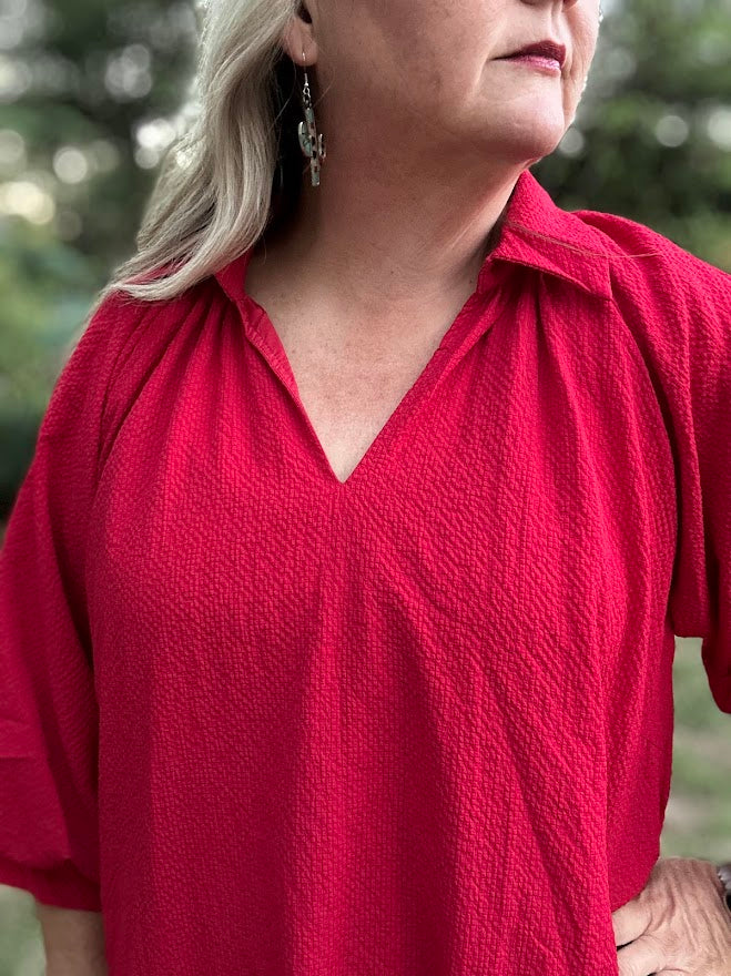 Red Scalloped Hem Shift Dress with Puff Sleeves
