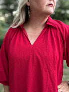 Red Scalloped Hem Shift Dress with Puff Sleeves