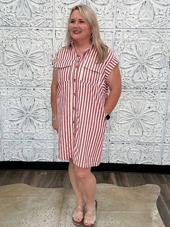 Red Stripe Button Front Mini Dress