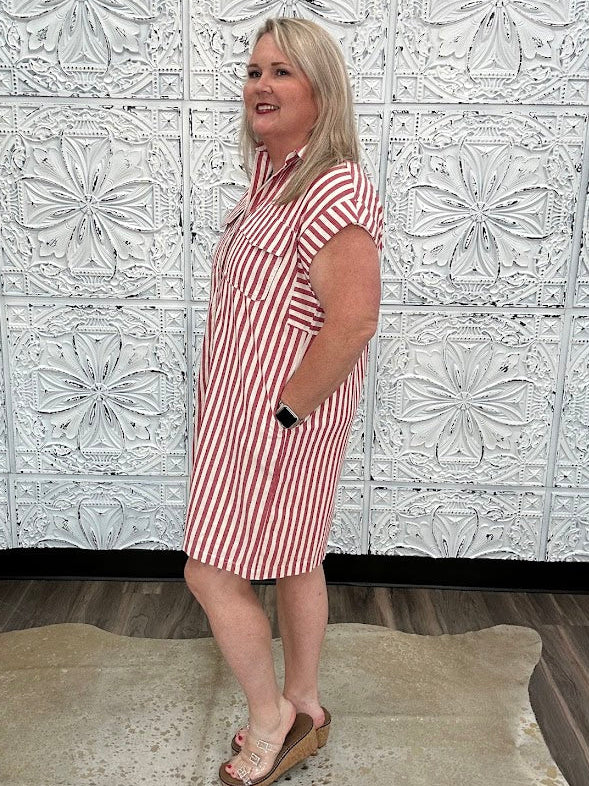 Red Stripe Button Front Mini Dress