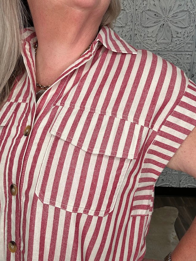 Red Stripe Button Front Mini Dress