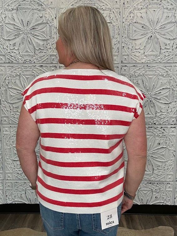 Red & White Sequin Stripe V-Neck Sweater Vest