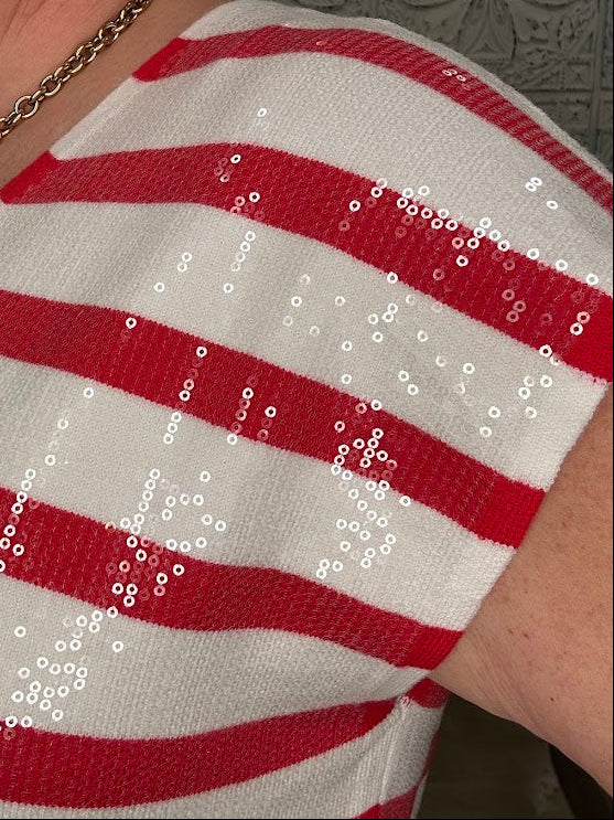 Red & White Sequin Stripe V-Neck Sweater Vest