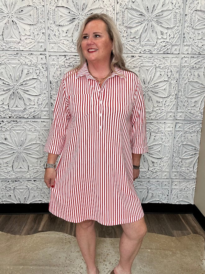 Red & White Striped Half-Button Shirt Dress
