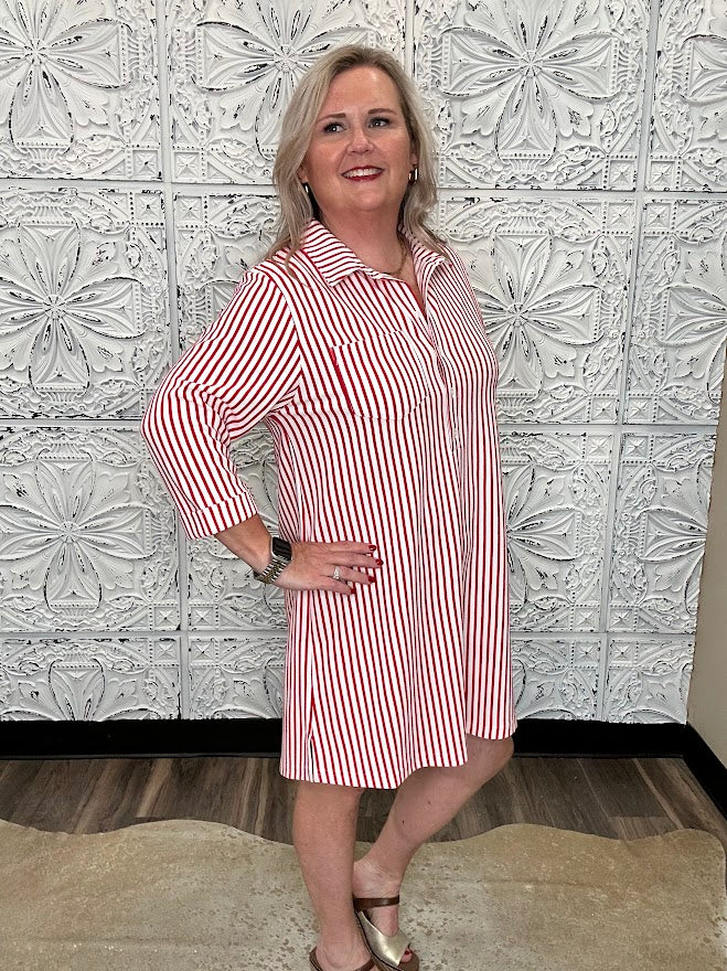 Red & White Striped Half-Button Shirt Dress