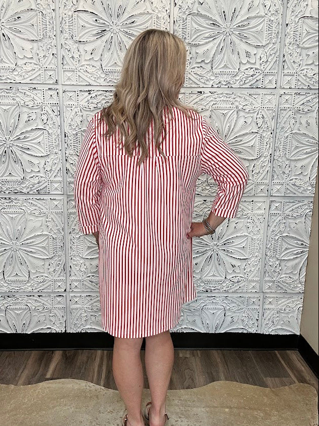 Red & White Striped Half-Button Shirt Dress