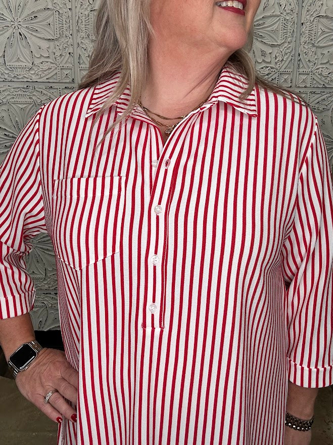 Red & White Striped Half-Button Shirt Dress