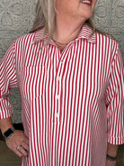 Red & White Striped Half-Button Shirt Dress
