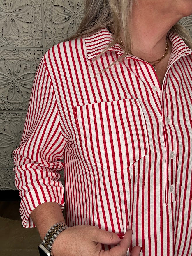 Red & White Striped Half-Button Shirt Dress