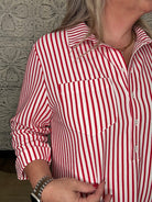 Red & White Striped Half-Button Shirt Dress