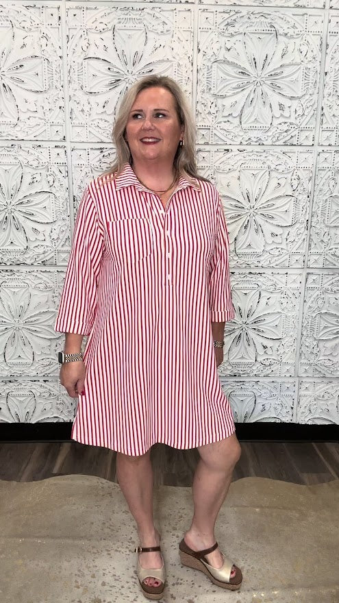 Red & White Striped Half-Button Shirt Dress