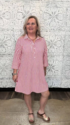 Red & White Striped Half-Button Shirt Dress