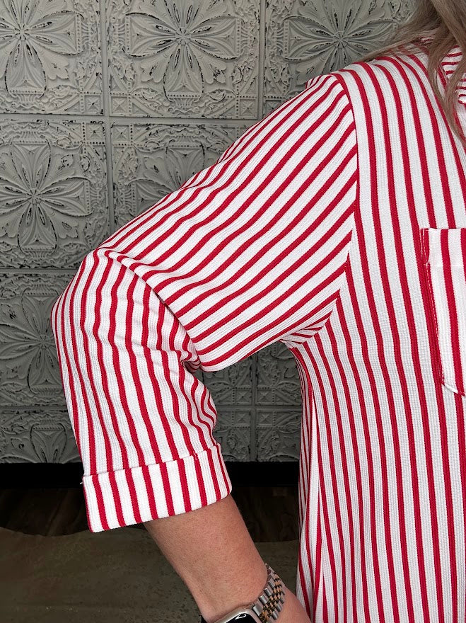 Red & White Striped Half-Button Shirt Dress