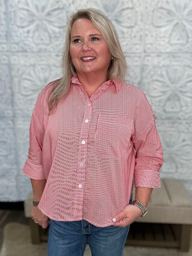 Red and White Stripe Button Down Top