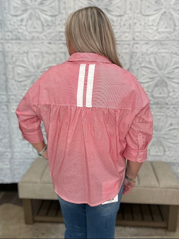 Red and White Stripe Button Down Top