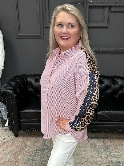 leopard trim top, striped button down blouse, oversized statement top, mixed print blouse, women’s boutique tops, bold contrast blouse