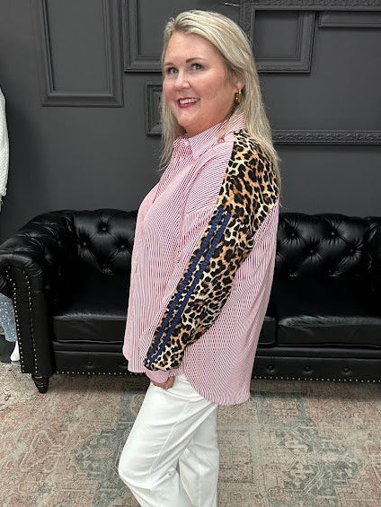 leopard trim top, striped button down blouse, oversized statement top, mixed print blouse, women’s boutique tops, bold contrast blouse