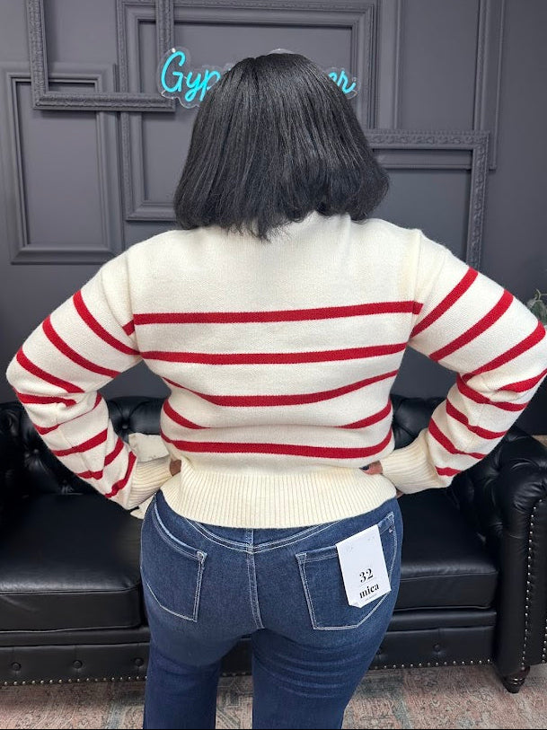striped sweater, half zip pullover, red and cream sweater, cozy knit sweater, boutique sweater, fall sweater, winter pullover, ribbed hem sweater, casual striped knit, soft half zip