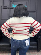 striped sweater, half zip pullover, red and cream sweater, cozy knit sweater, boutique sweater, fall sweater, winter pullover, ribbed hem sweater, casual striped knit, soft half zip