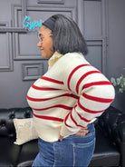 striped sweater, half zip pullover, red and cream sweater, cozy knit sweater, boutique sweater, fall sweater, winter pullover, ribbed hem sweater, casual striped knit, soft half zip