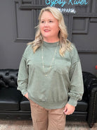 mineral wash pullover, sage green sweatshirt, french terry top, relaxed fit top, cozy casual sweater, cotton crewneck, boutique sweatshirt, weekend wear, comfy oversized pullover, soft lounge top