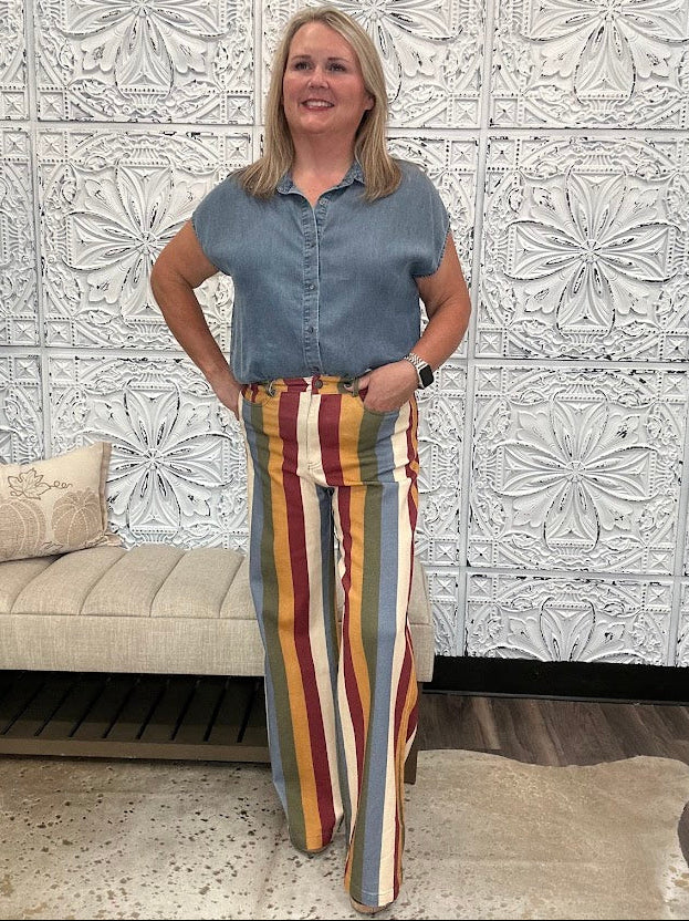 Retro Multi-Color Striped High-Rise Wide Leg Jeans