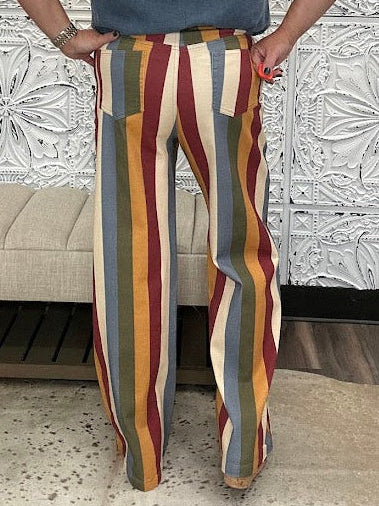 Retro Multi-Color Striped High-Rise Wide Leg Jeans