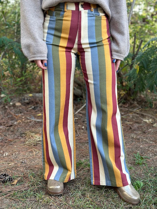 Retro Multi-Color Striped High-Rise Wide Leg Jeans