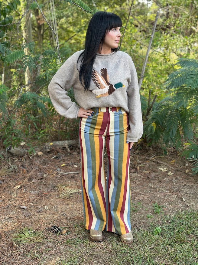Retro Multi-Color Striped High-Rise Wide Leg Jeans