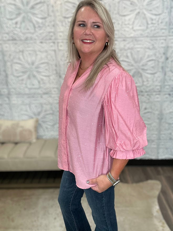 Rhinestone Embellished Balloon Sleeve Blouse