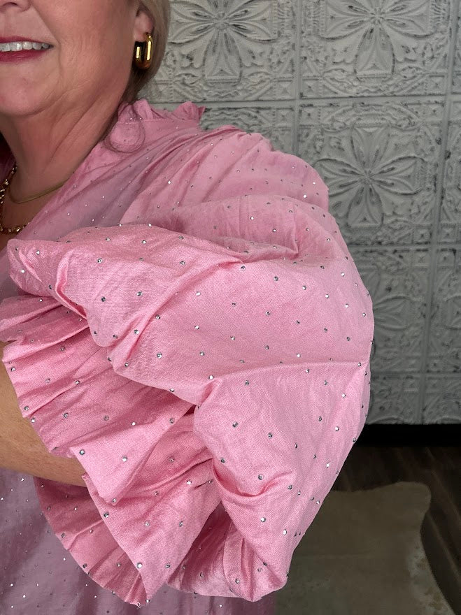 Rhinestone Embellished Balloon Sleeve Blouse